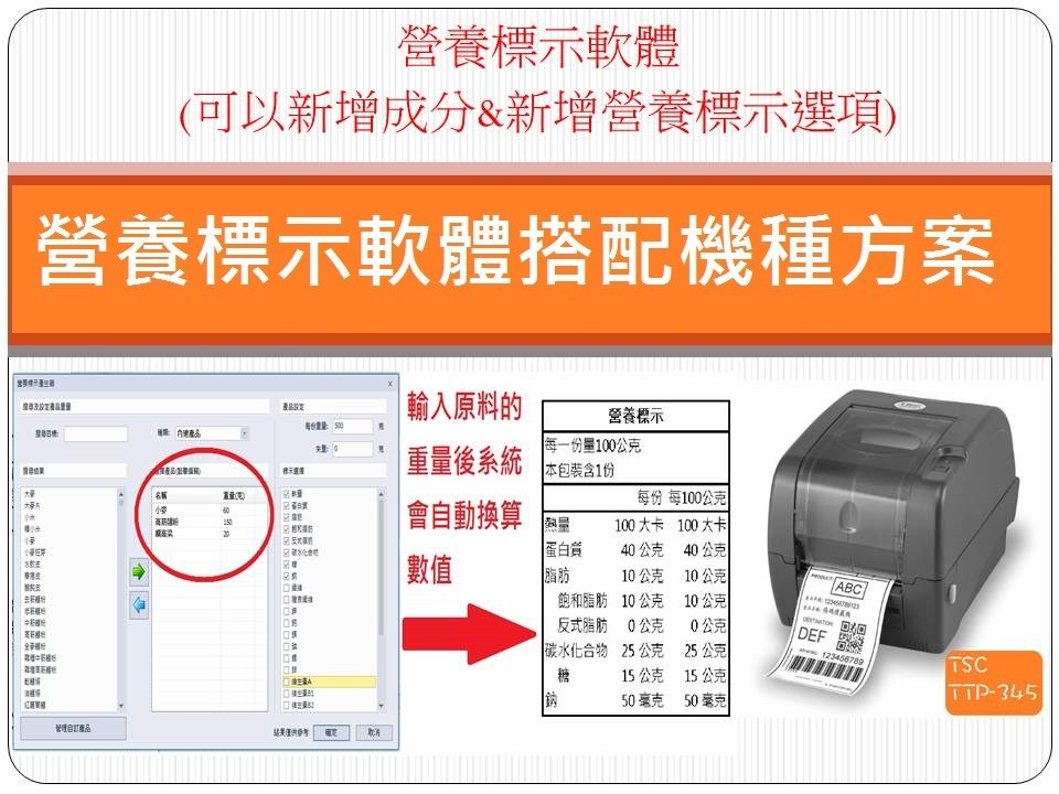 營養計算軟體/營養成分 搭配TSC TTP-345標籤機 (條碼機) 