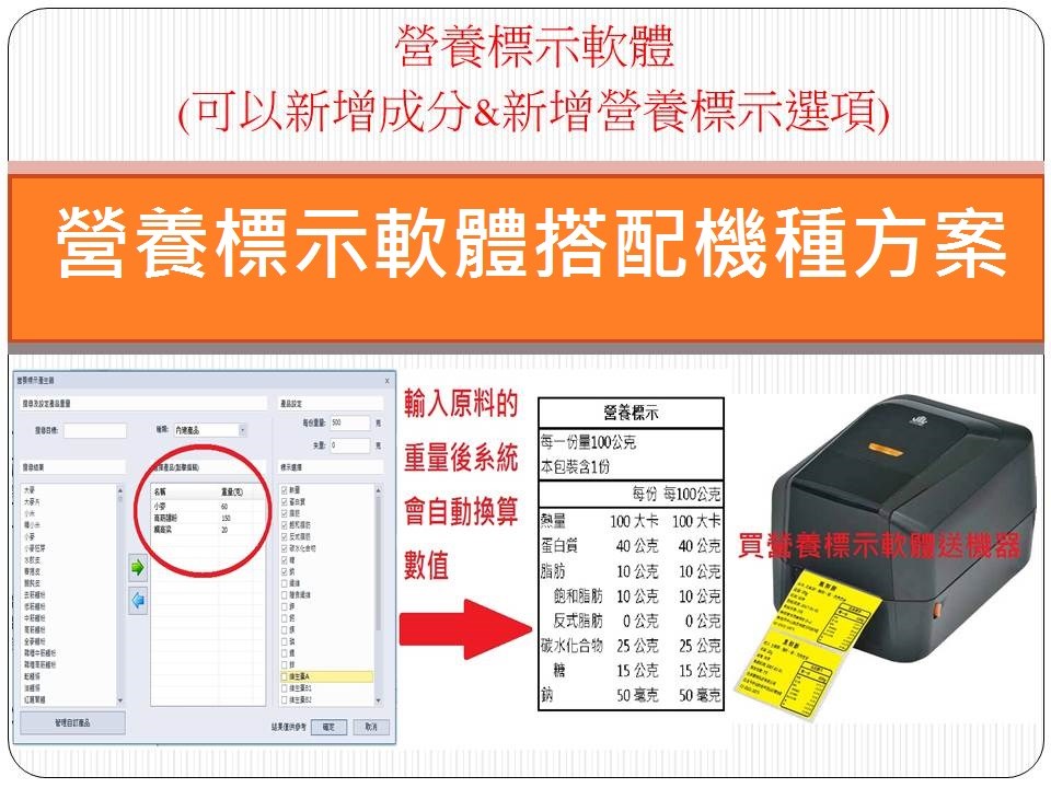營養計算軟體/營養標示 搭配 C342C標籤機 (條碼機)